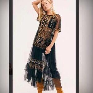 Free People sabrina black Gold Embroidered Mesh Maxi Dress Boho Tiered Ruffle L